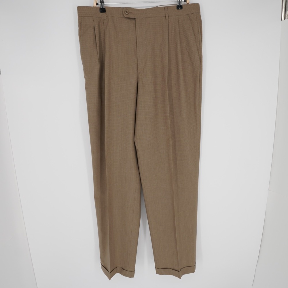 Zanella Bennet Pleated Dress Pants Mens 38 Brown Trouser Cuffed Italy Wool Check